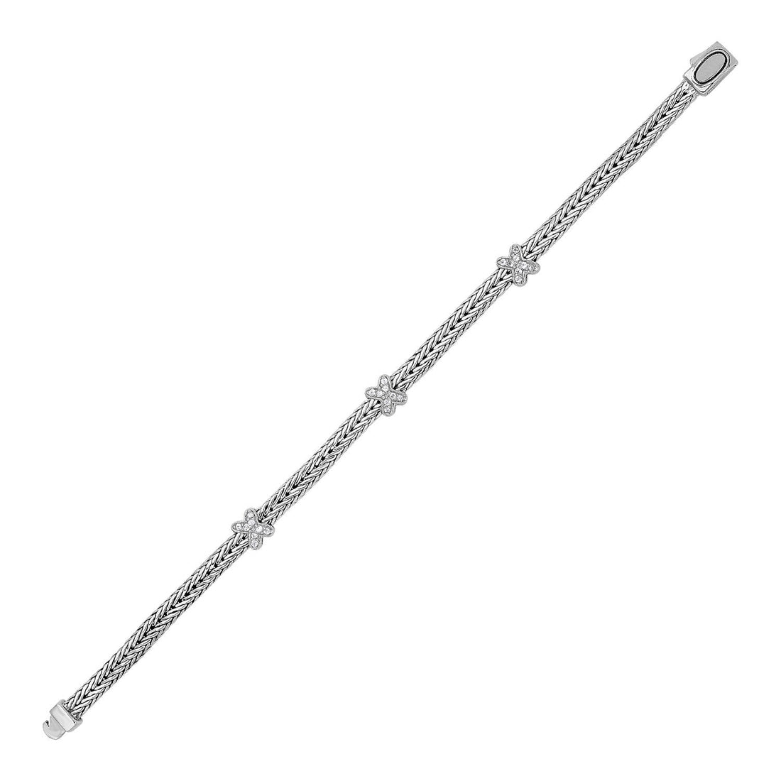 Woven Rope Bracelet with White Sapphire X Accents in Sterling Silver (2.00 mm) - Coolpeacock
